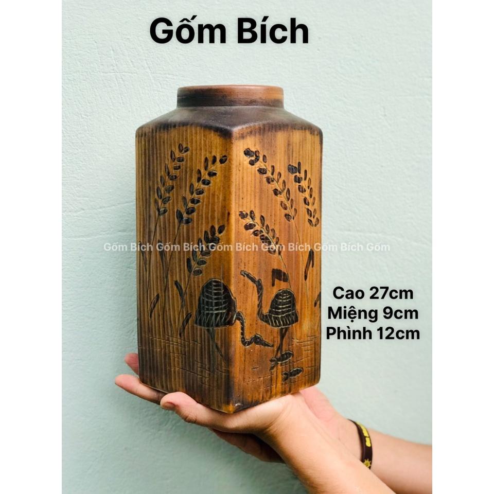 Bình Hoa Lọ Hoa Dáng Hộp Vuông Men Mộc Gốm Sứ Bát Tràng - Gốm Bích