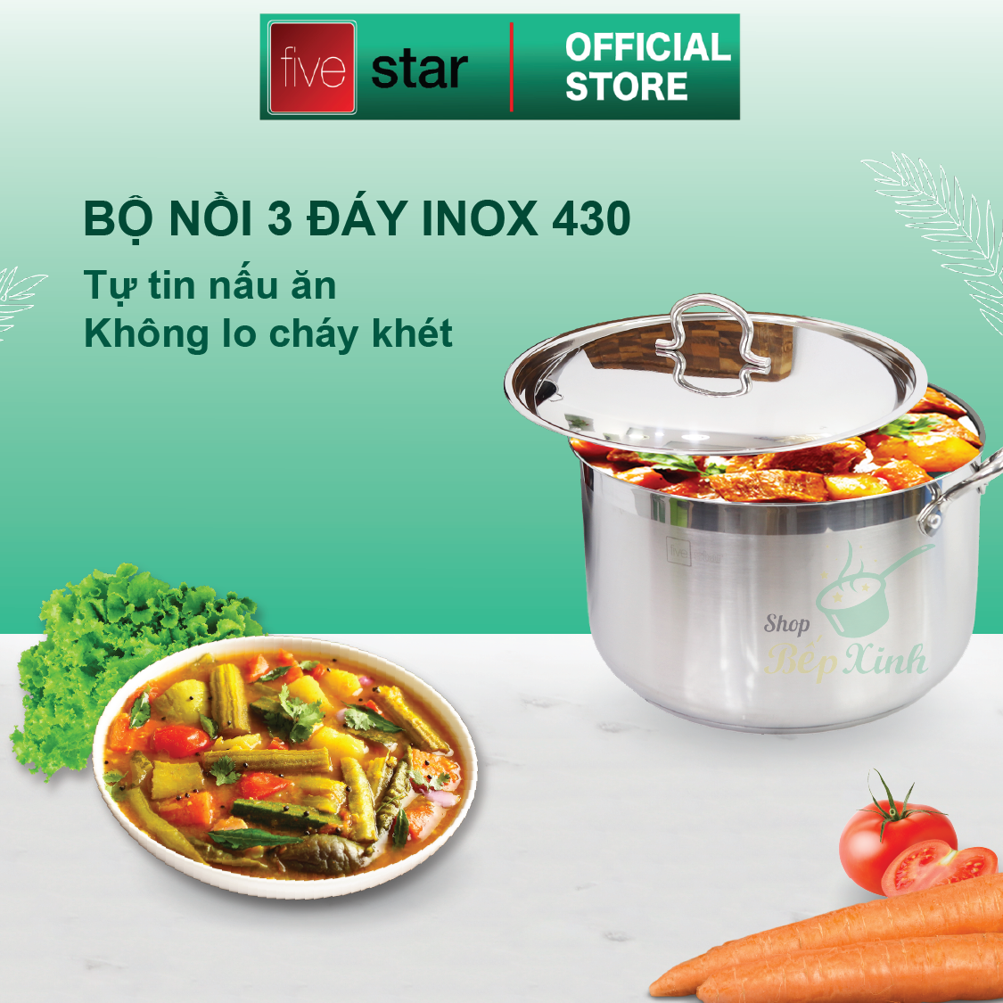 Bộ xửng hấp 3 đáy inox 430 FiveStar Standard bếp từ nắp inox tặng 5 muỗng ăn ( 32cm )