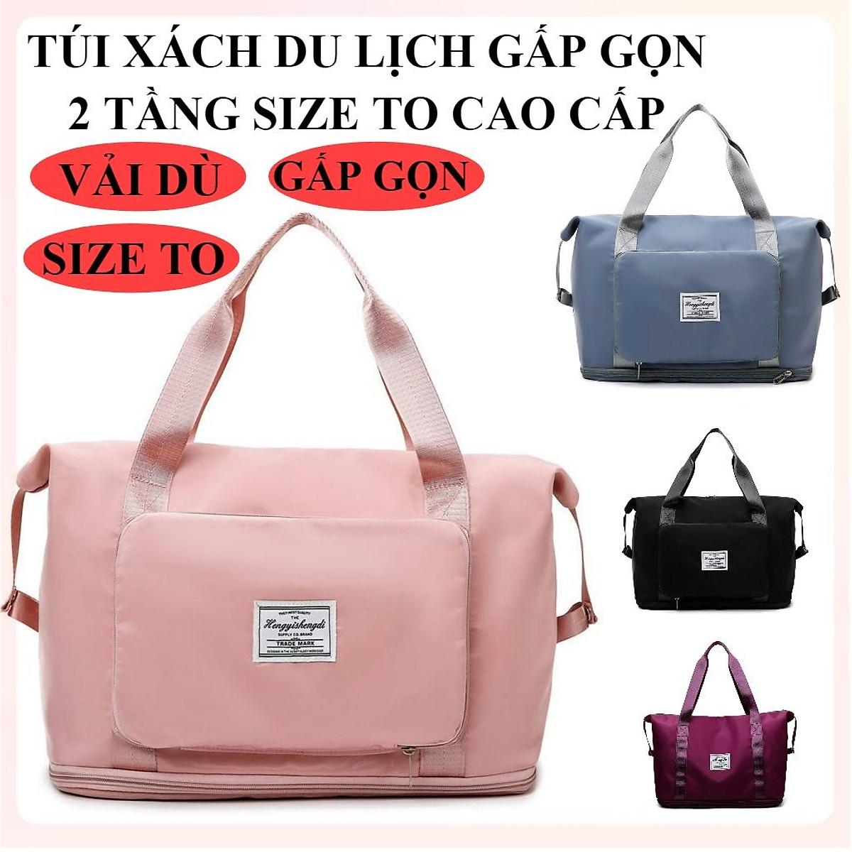 Túi xách du lịch gấp gọn 2 tầng size đại nới đáy chất vải dù chống nước tiện lợi bền đẹp quai đeo chắc chắn đa năng - HỒNG