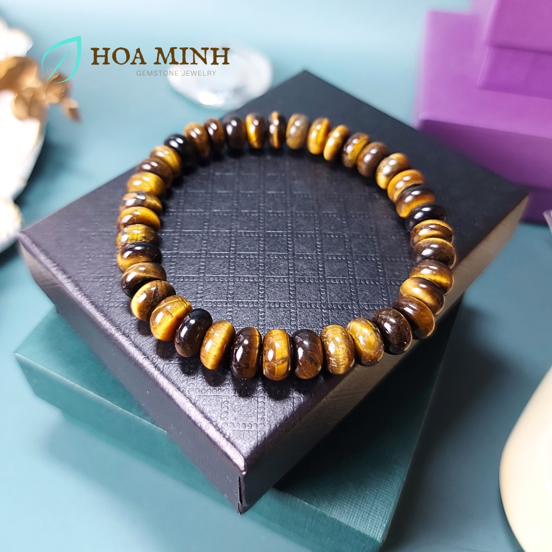 Vòng tay đá Mắt Hổ vàng nâu kiểu bánh xe size 8 li phong thủy tài lộc may mắn