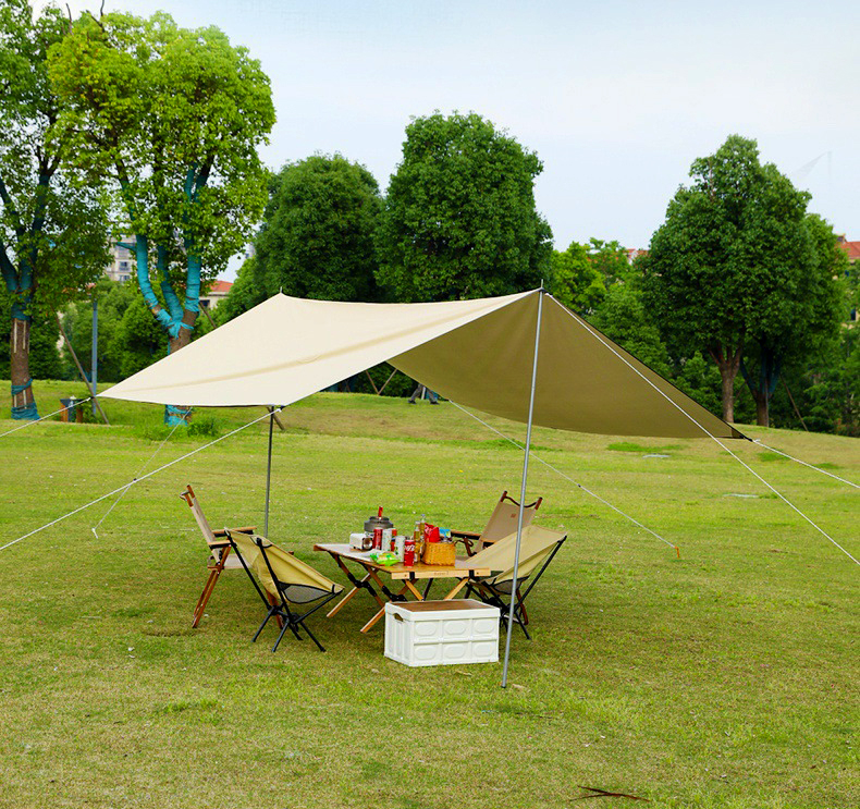 Bộ Tấm tăng tarp màu be che nắng, che mưa che lều cắm trại picnic đủ phụ kiện dây cọc chống và túi