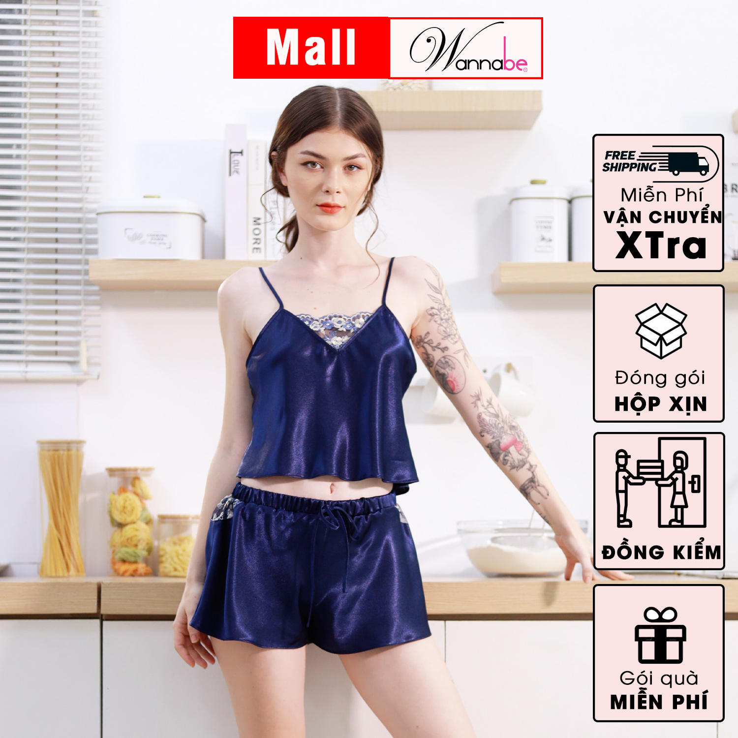 Đồ bộ mặc nhà lụa cao cấp WANNABE BSS62 đồ bộ quần sọt áo hai dây cổ áo phối ren thêu Nhật hình tam giác nhẹ nhàng