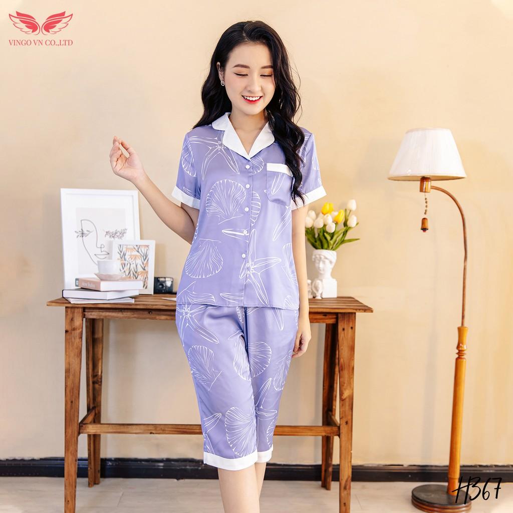 VINGO Bộ Đồ Mặc Nhà Nữ Kiểu Pyjama Lụa Pháp Cao Cấp Tay Cộc Quần Lửng Họa Tiết Trắng Phối Nền Tím Nhạt H367 VNGO - TCQL