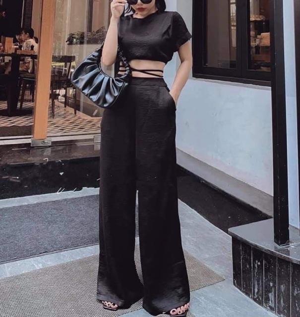 Áo croptop cột dây eo tay ngắn