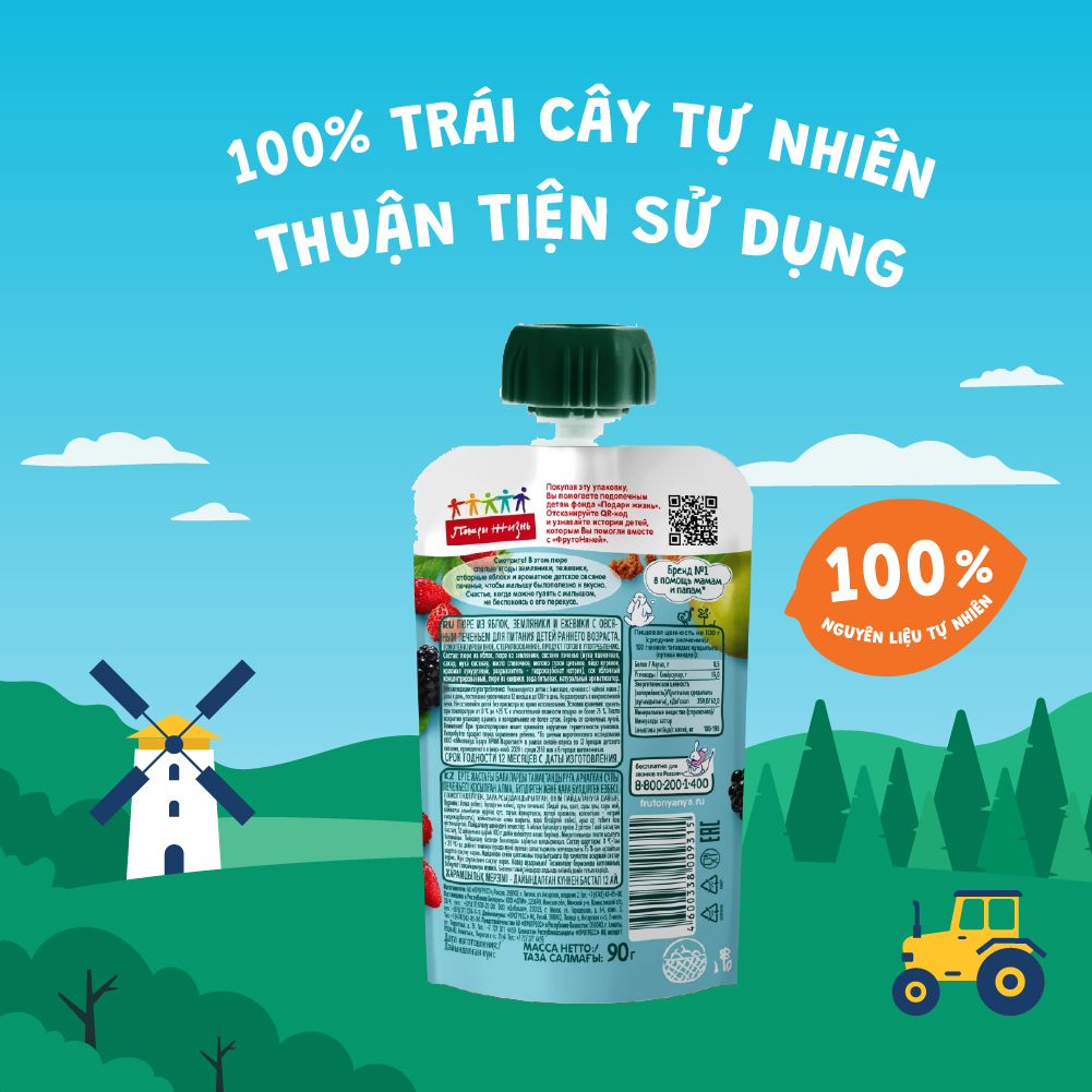 Combo 6 Gói Trái cây nghiền vị táo, dâu đất, mâm xôi đen và bánh yến mạch Fruto Nyanya 90g