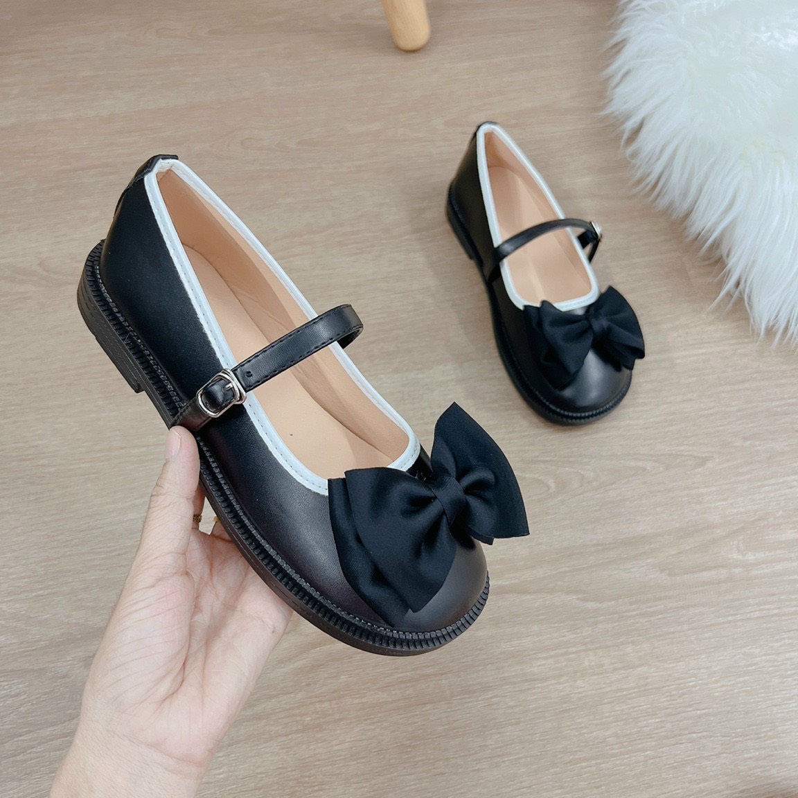 Giày búp bê nữ đính NƠ vải đế bệt, chất da mềm, giày lolita phong cách cổ điển