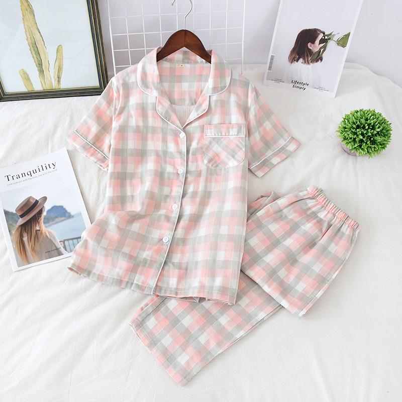 Bộ pyjama nữ vải xô cotton hoạ tiết kẻ caro