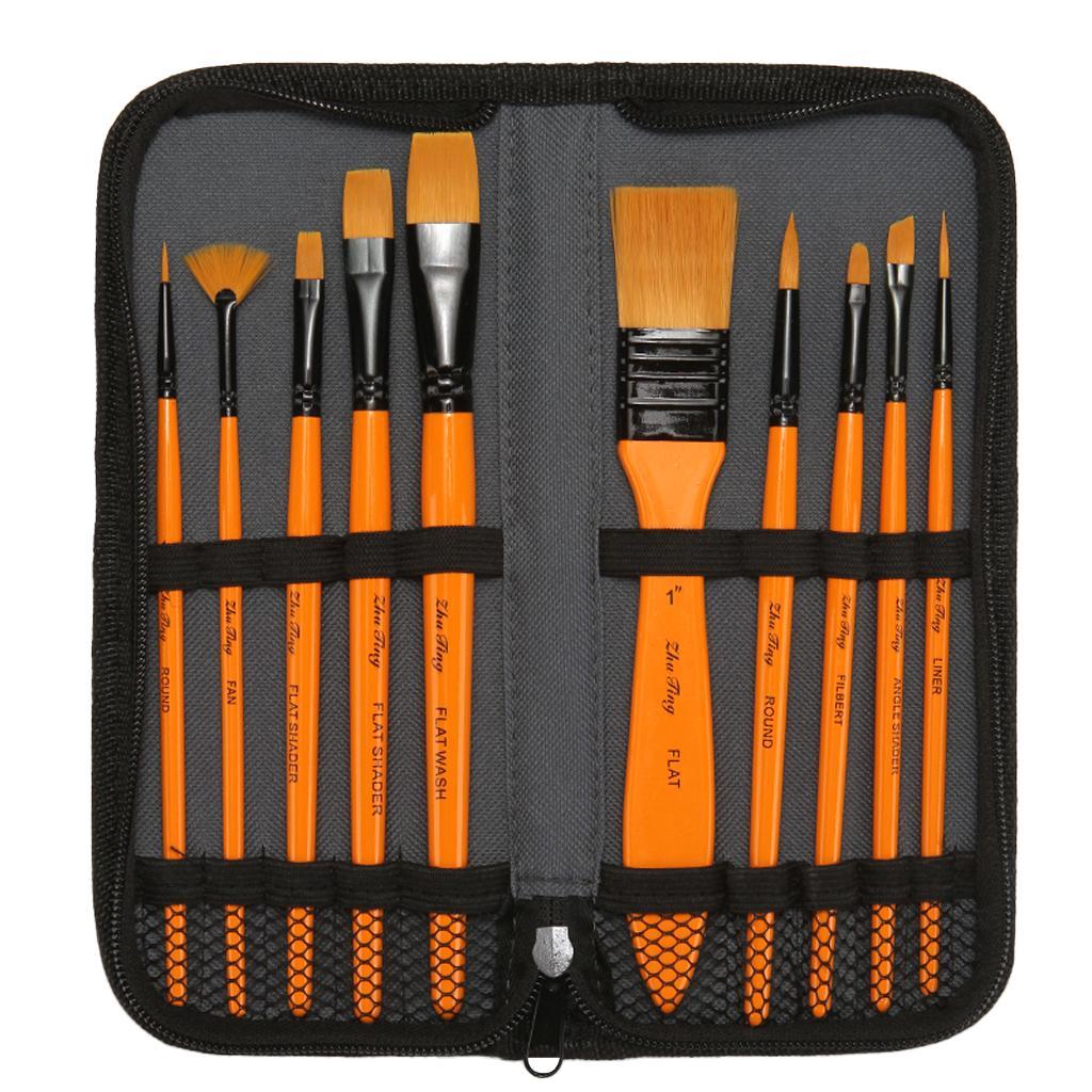 10 Wooden Handle Paint Brushes Artist Brushes Flat Brushes Oil Paint Brushes Brush Set with Zipper Storage Case Watercolor Painting Art Supplies