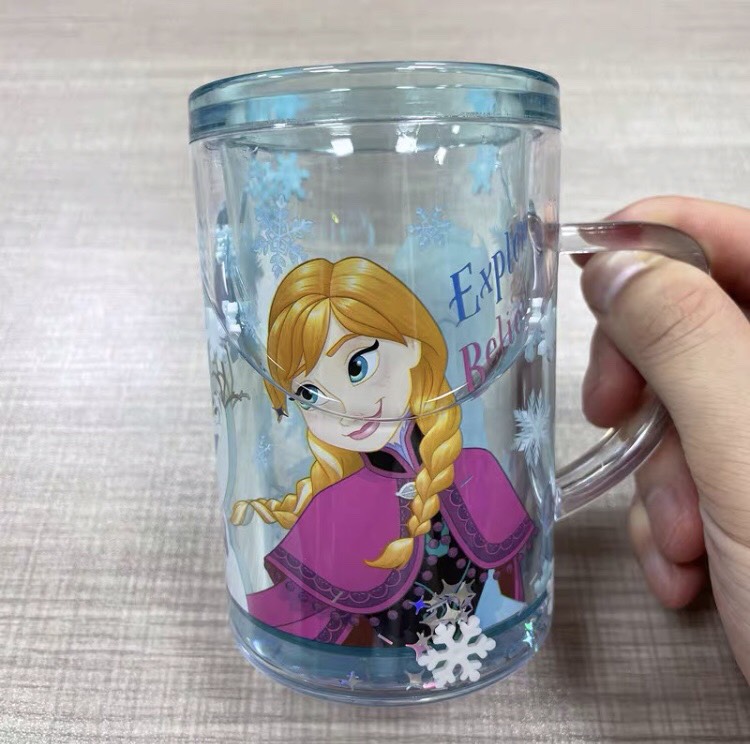 Ly quai cầm tay dạng thẳng 2 lớp nhũ nước kim tuyến trong suốt hình công chúa Elsa và Anna màu xanh siêu cute cho bé gái 250ml - PDP2514