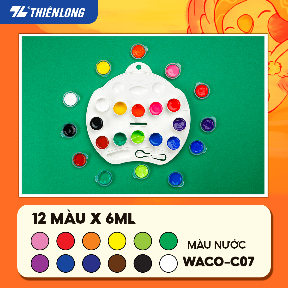 Màu nước Thiên Long Colokit 12 màu tươi sáng tiêu chuẩn Châu Âu an toàn cho trẻ - Tặng kèm cọ + Bảng phối màu WACO-C07