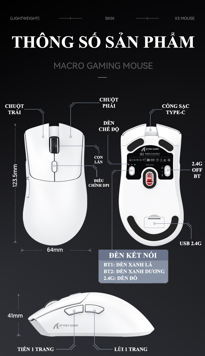 Chuột không dây ATTACK SHARK R1 kết nối 3 chế độ trang bị sensor cảm biến PAW3311 với độ nhạy lên đến 18000DPI dành cho game thủ - Hàng Chính Hãng