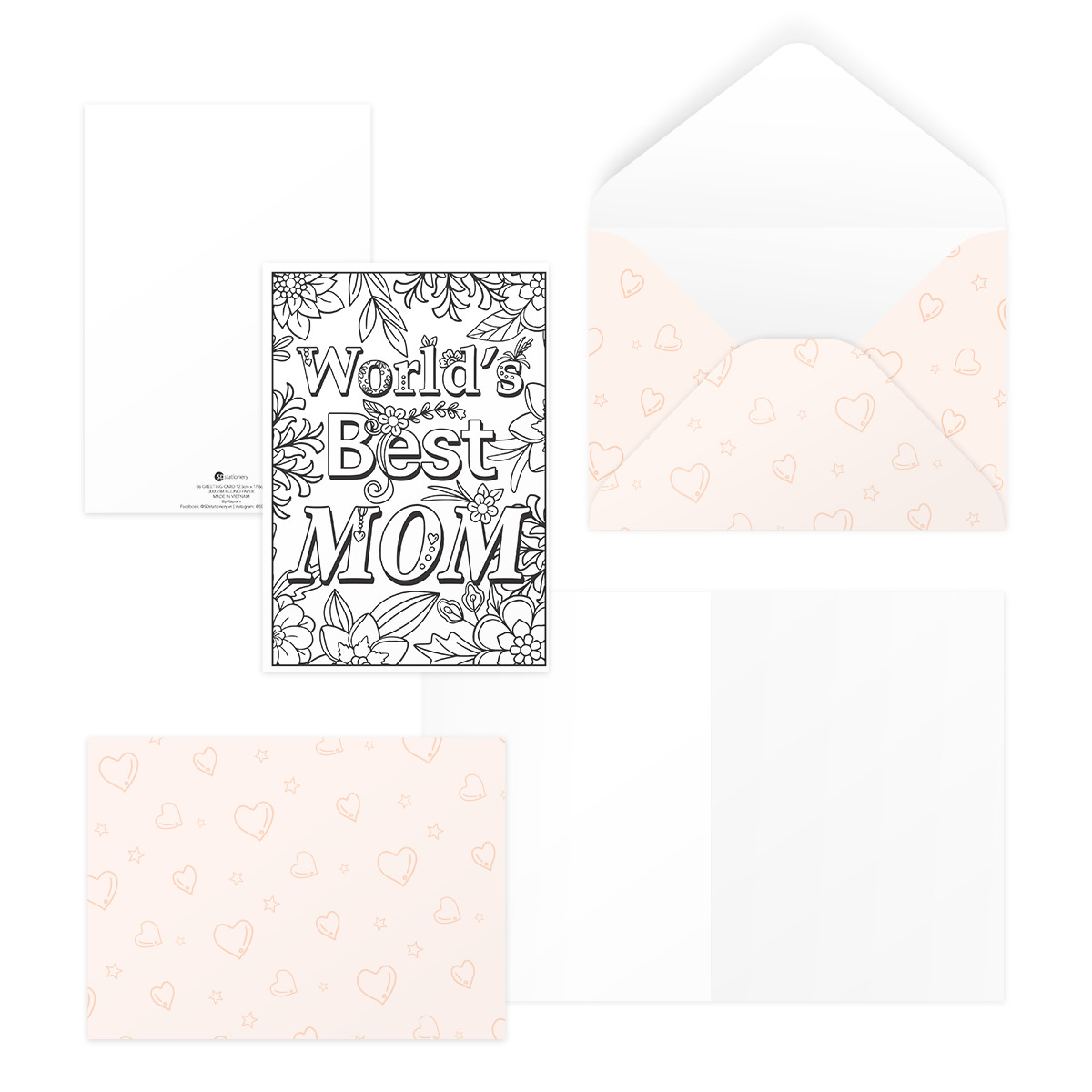 Bộ 3 thiệp 12,5x17,6 SDstationery COLOR YOUR LOVE FOR MOM tô màu hoa typography tặng mẹ mother day, ngày phụ nữ, Vu Lan