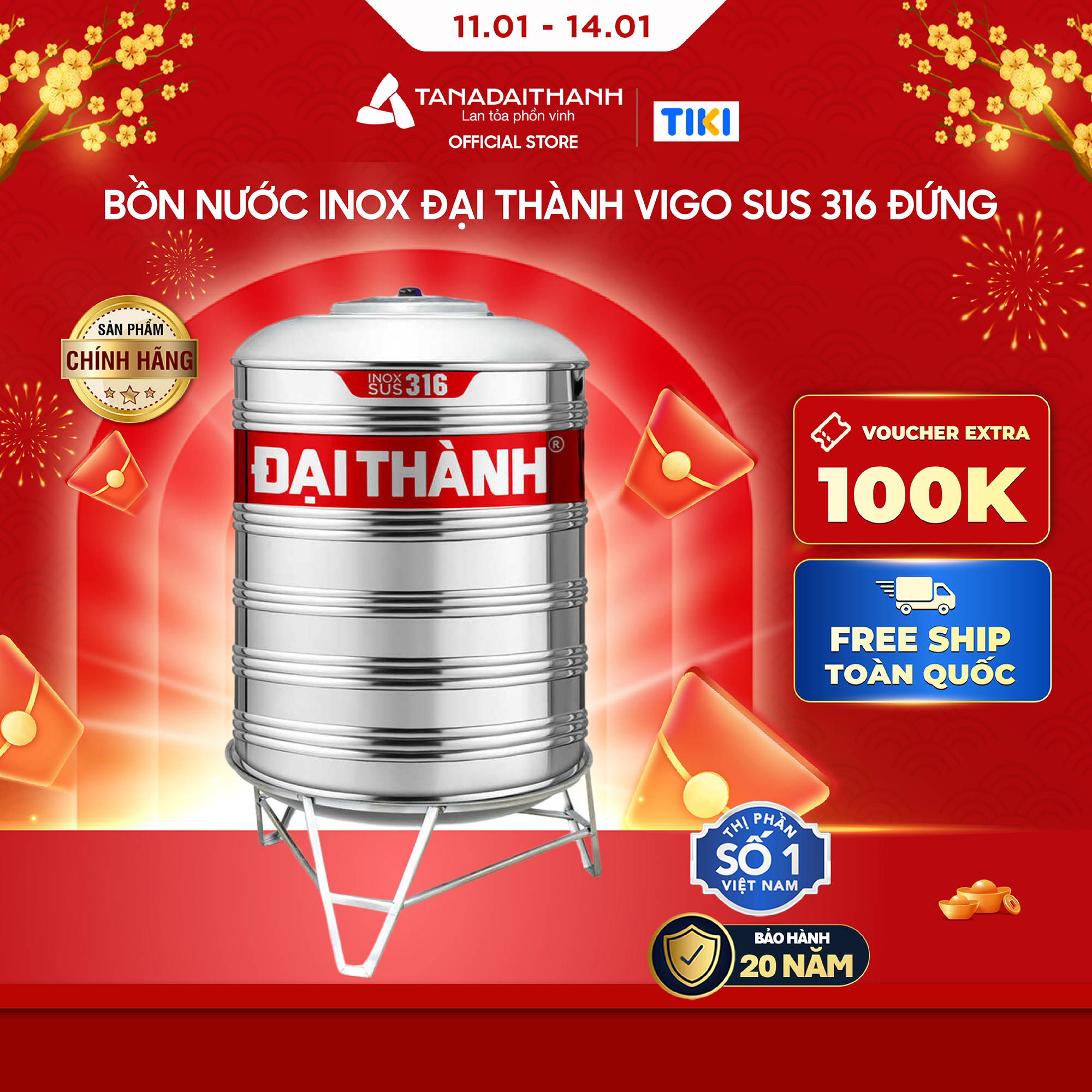 Bồn nước inox Đại Thành Vigo SUS 316 Đứng 500L 1000L 1500L 2000L Chính hãng, Chỉ bán khu vực miền Nam, Bảo hành 20 năm