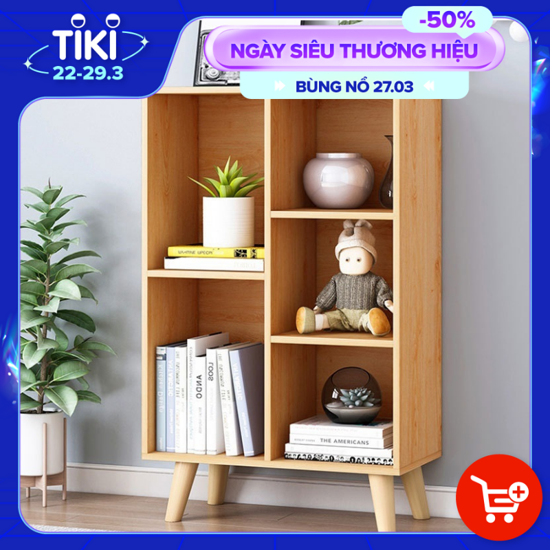 Tủ Kệ Sách Gỗ Đa Tầng 4 Chân Cao Cấp FIVO Mẫu FB60 Màu Gỗ, Nội Thất Lắp Ráp Đơn Giản, Nhiều Ngăn Rộng Rãi (Có Kèm Tấm Lưng)
