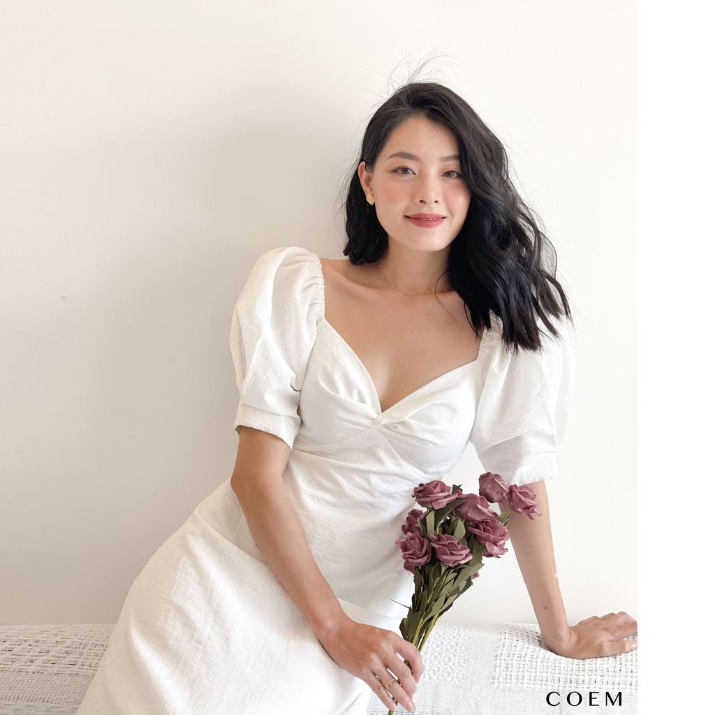 Đầm Dáng Dài Cup Ngực Cách Điệu Tay Phồng Màu Trắng Chât Liệu Linen Cao Cấp CO EM Thiết Kế Phù Hợp Mọi Lúc Mọi Nơi