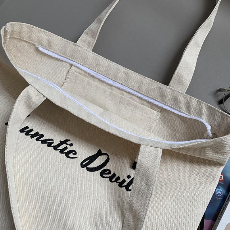 Khóa Kéo Lớn Vải Mua Sắm Túi Đơn Giản In Chữ Cái Túi Áo Túi Tote Túi Xách Tay Công Suất Lớn Có Thể Tái Sử Dụng Shop Túi