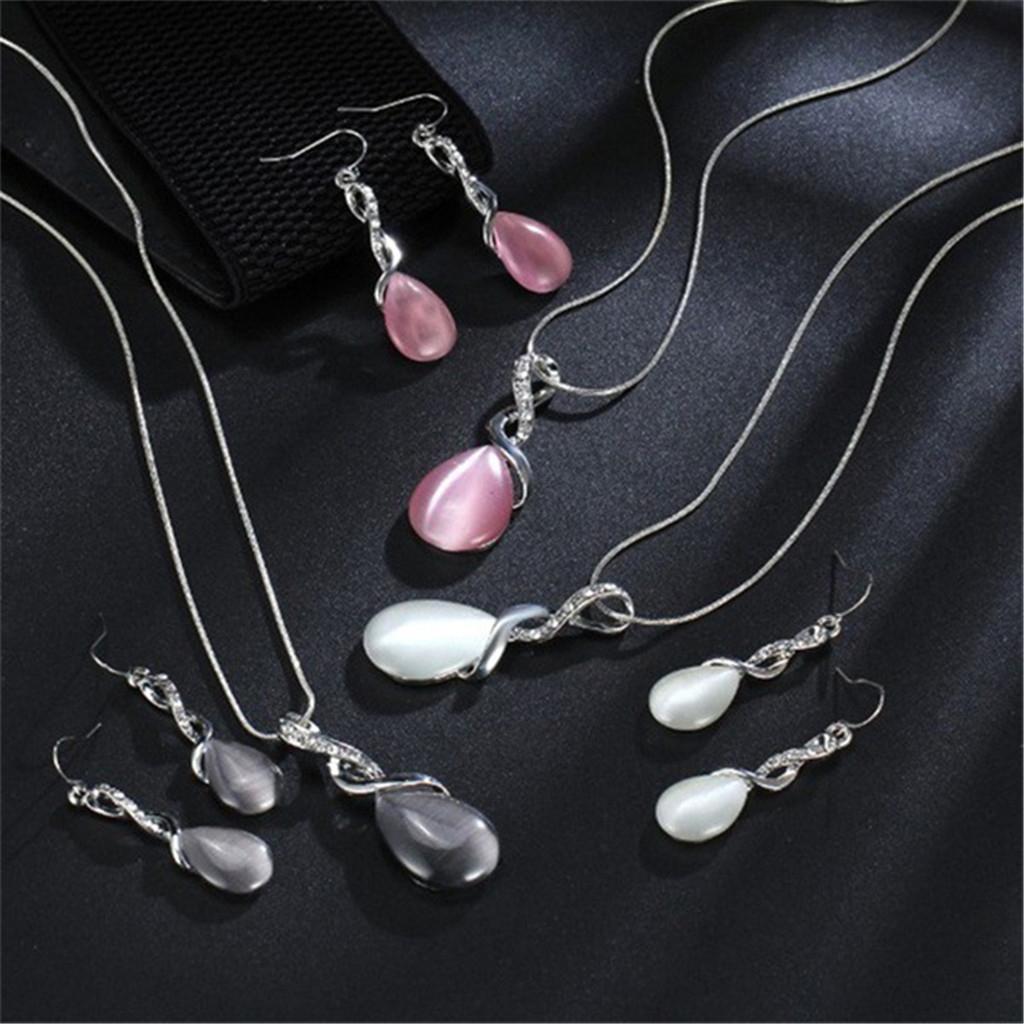 Necklace Earrings Set Waterdrop Teardrop Bridal Jewelry Set Pink + Pink