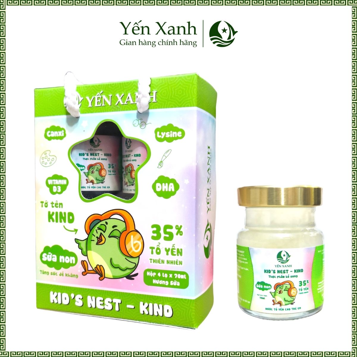 35% tổ yến - Nước tổ yến sào chưng dành cho trẻ em Kid's nest sữa non KIND - Yến Xanh hương sữa - Lốc 4 lọ x 70ml