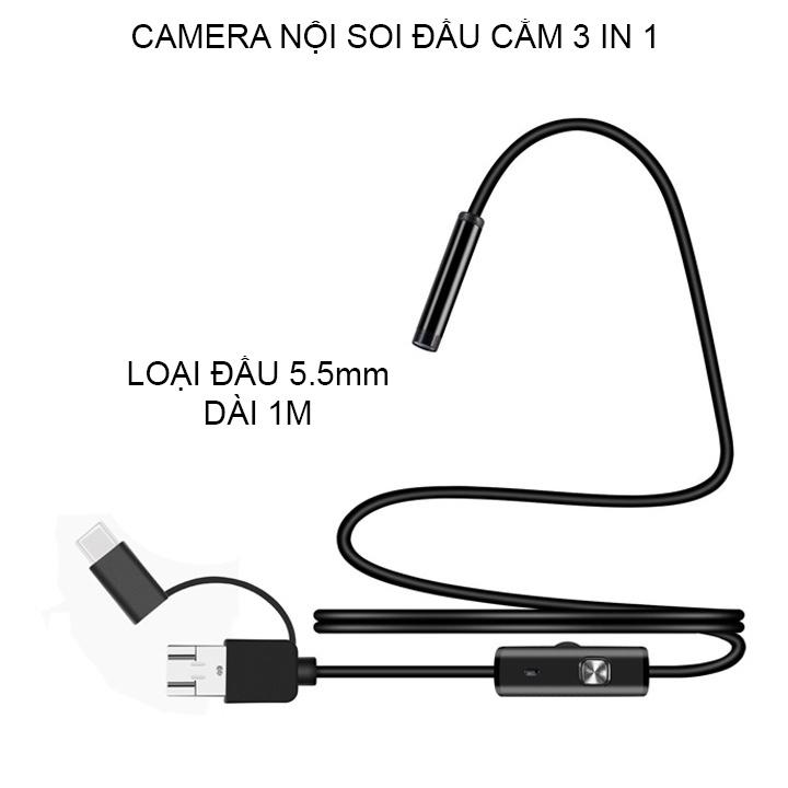 Camera nội soi 5.5mm đầu kết nối 3 trong 1, dài 1-2-5m tùy chọn (hỗ trợ điện thoại Android và máy tính