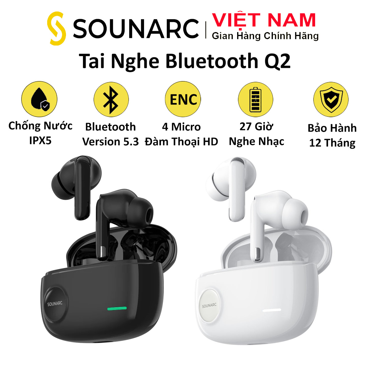 Tai Nghe Nhét Tai TWS Bluetooth 5.3 Chống Ồn Chủ Động SOUNARC Q2, Chống Nước IPX6 Thời Gian Chơi 32 Giờ - Hàng chính hãng