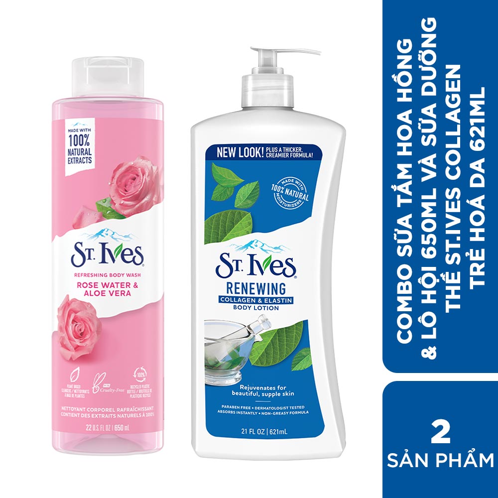 Combo Sữa tắm Hoa Hồng và Lô Hội 650ml &amp; Sữa dưỡng thể St.Ives collagen trẻ hoá da 621ml