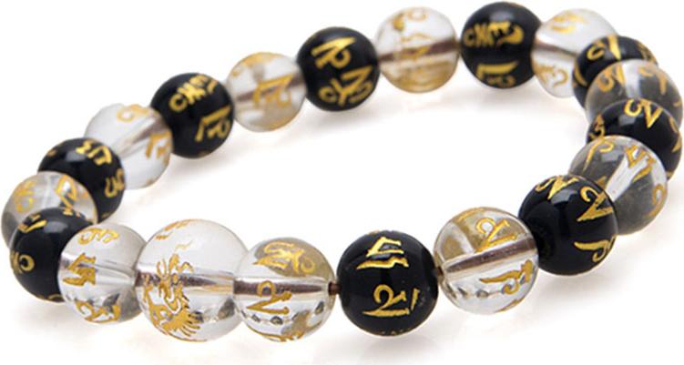 Vòng Tay Đá Thạch Anh Trắng Mix Đá Opal Đen Tự Nhiên Khắc Chữ Phạn 10MM Gembank