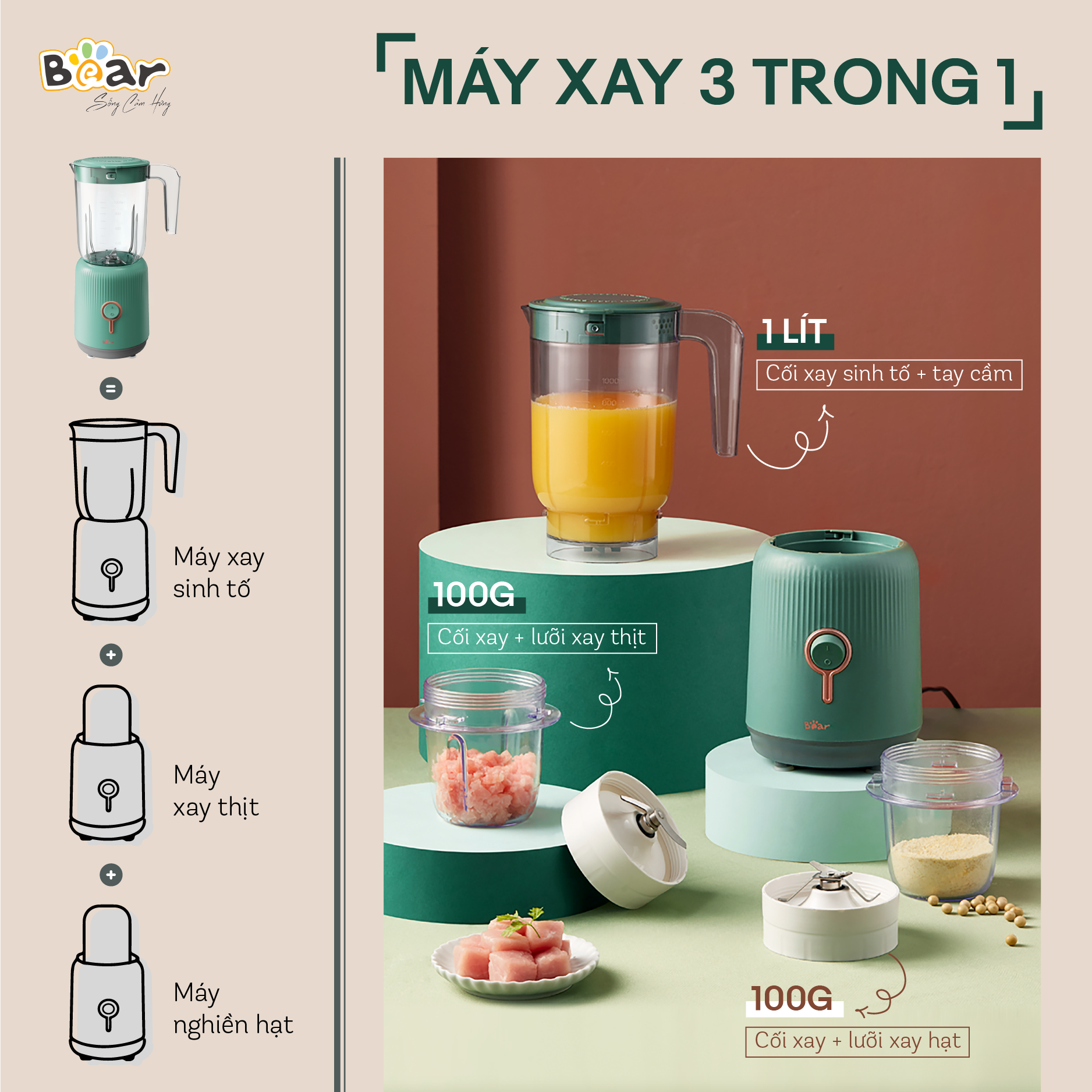 Combo Nồi Nấu Chậm 2,5L Bear SUBE003 và Máy xay ăn dặm đa năng 3 cối B10V2 nấu cháo, chưng yến, ăn dặm tiện dụng - Hàng chính hãng