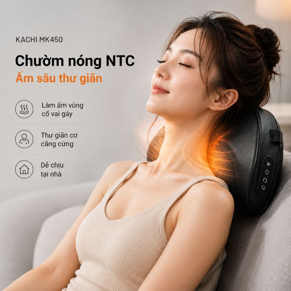 Gối Massage Cổ Vai Gáy Kachi MK450 – Công Nghệ Massage 4D Chườm Nóng - hàng chính hãng