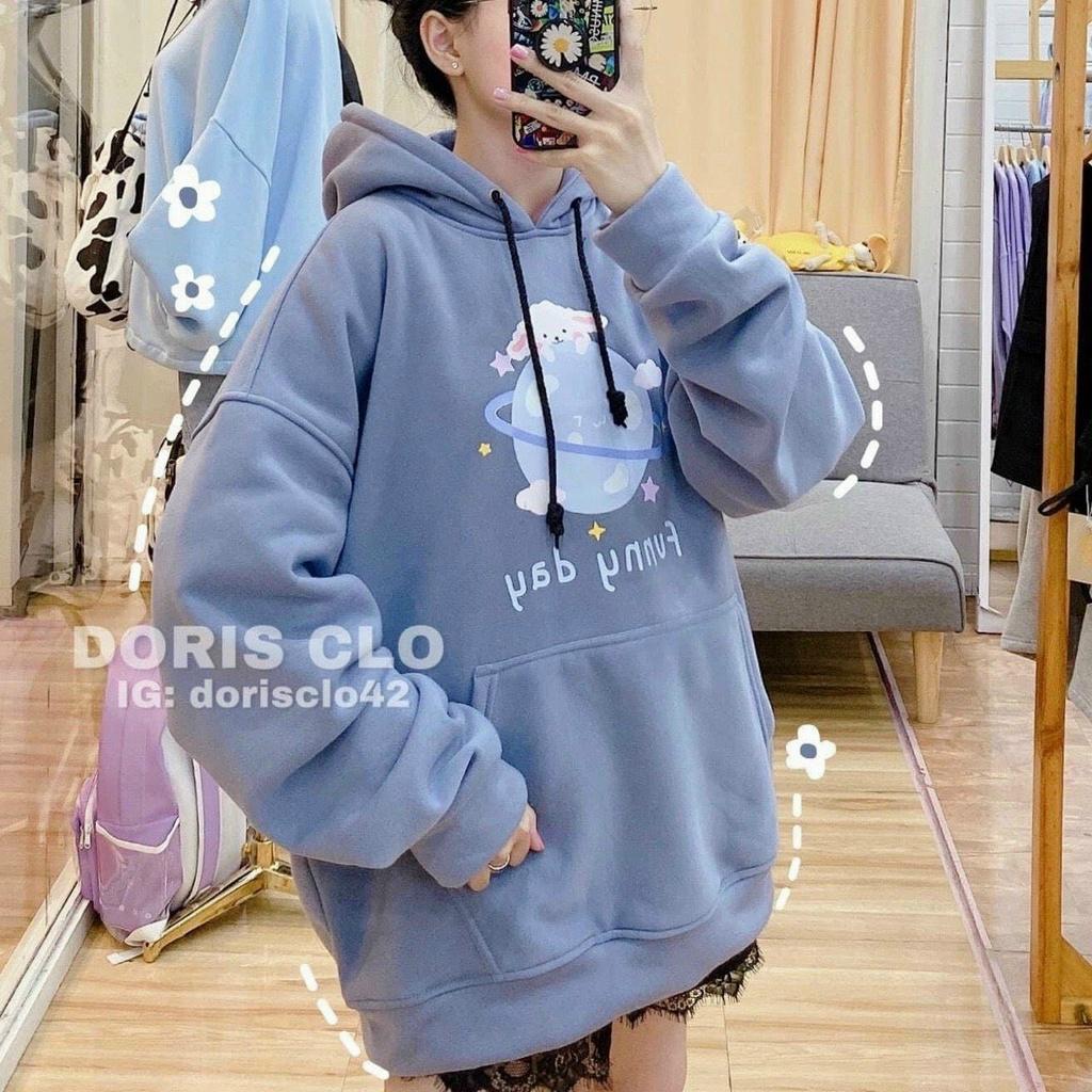 Áo hoodie nam nữ nỉ ngoại tay phồng nhúng in chú cừu ôm hành tinh nón 2 lớp dễ thương