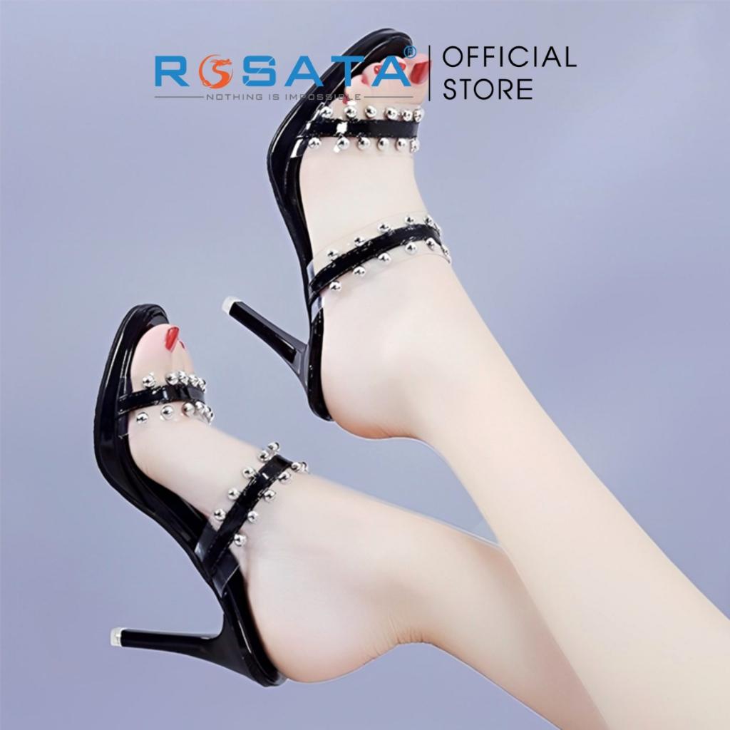 Giày sandal cao gót nữ ROSATA RO588 xỏ ngón mũi tròn quai ngang đính hạt gót nhọn cao 8cm xuất xứ Việt Nam