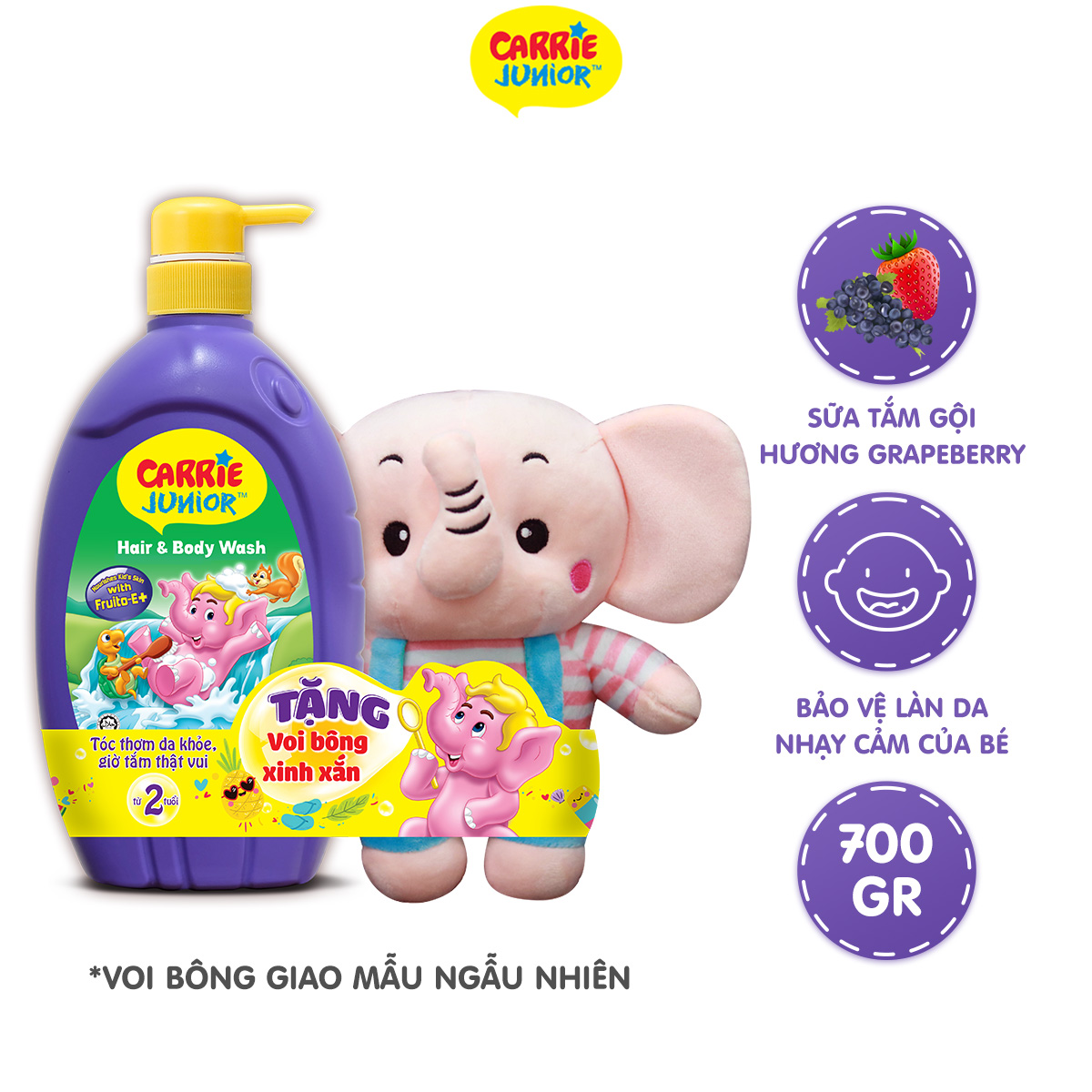 Sữa Tắm Gội cho bé Carrie Junior hương Grapeberry 700g TẶNG Voi bông (màu ngẫu nhiên)