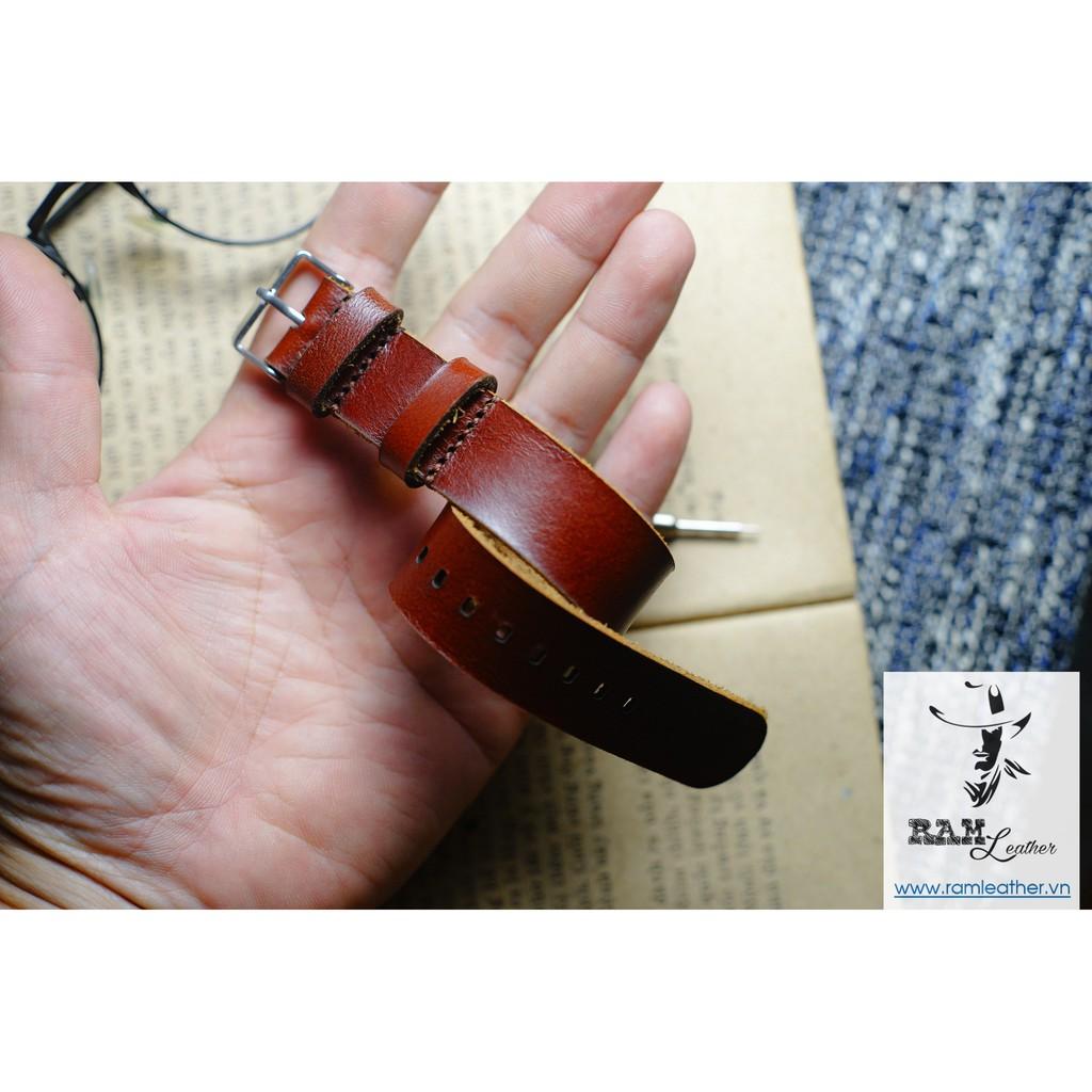 DÂY ĐỒNG HỒ APPLE WATCH NATO NÂU ĐỎ - DA BÒ THẬT - CHÍNH HÃNG RAM LEATHER - ĐỦ SIZE APPLE WATCH