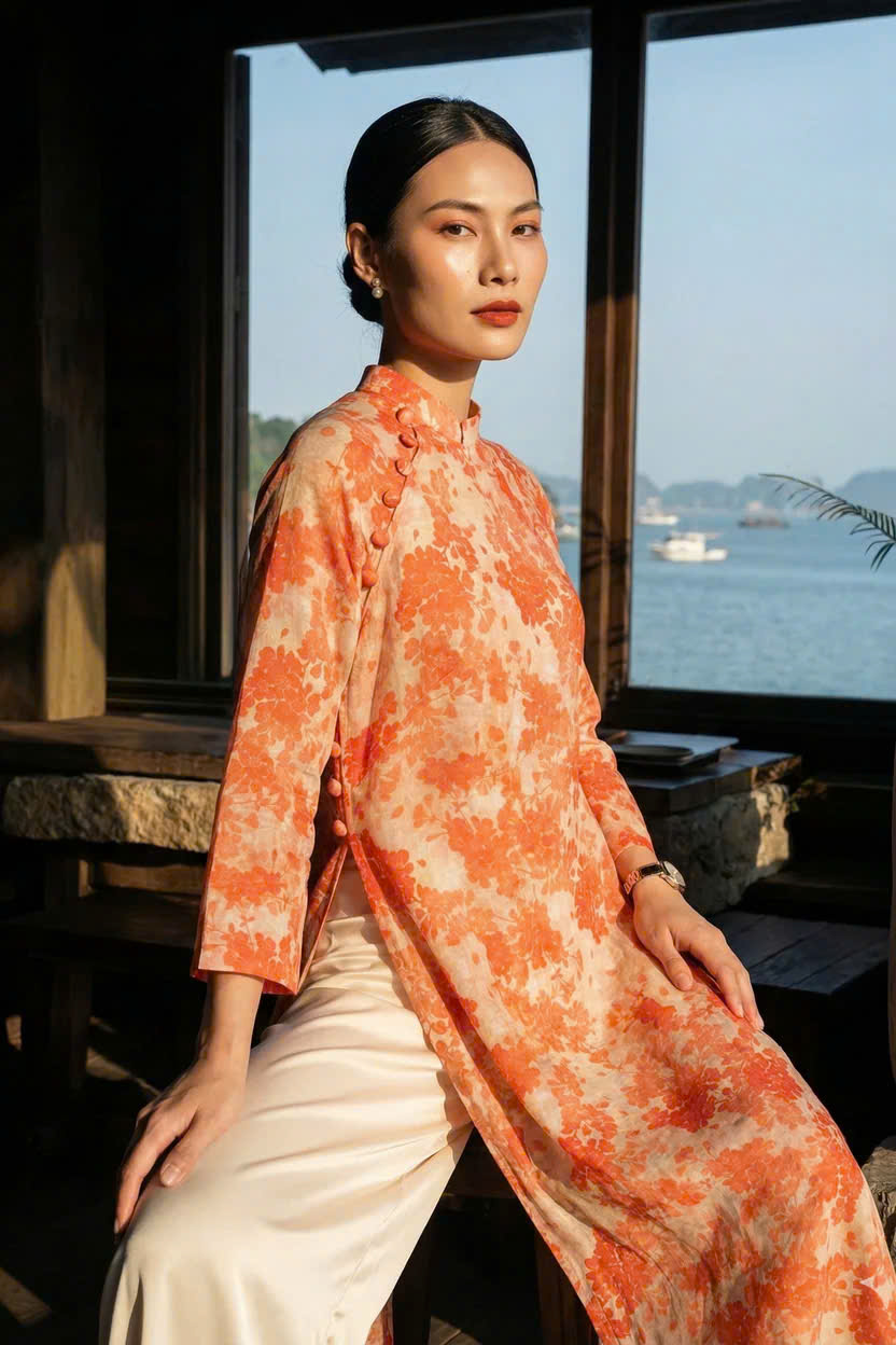 Áo Dài Suông Tay Raglan Vải Gai Xanh Ramie Hoa ADA001 thời trang thiết kế Hity