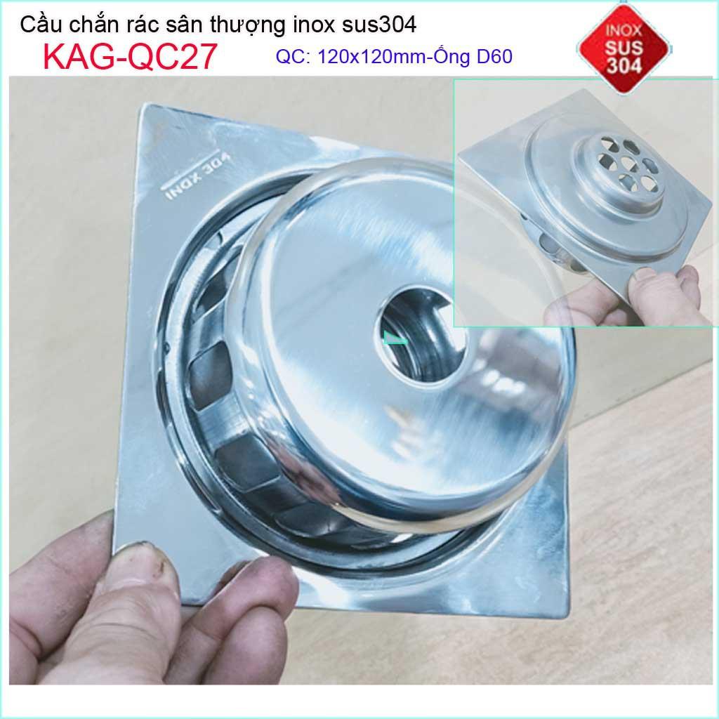 Cầu chắn rác đế vuông 12x12 D60 KAG-QC27, thoát nước sân thượng SUS304 ống 6cm thoát nhanh chắn rác tốt