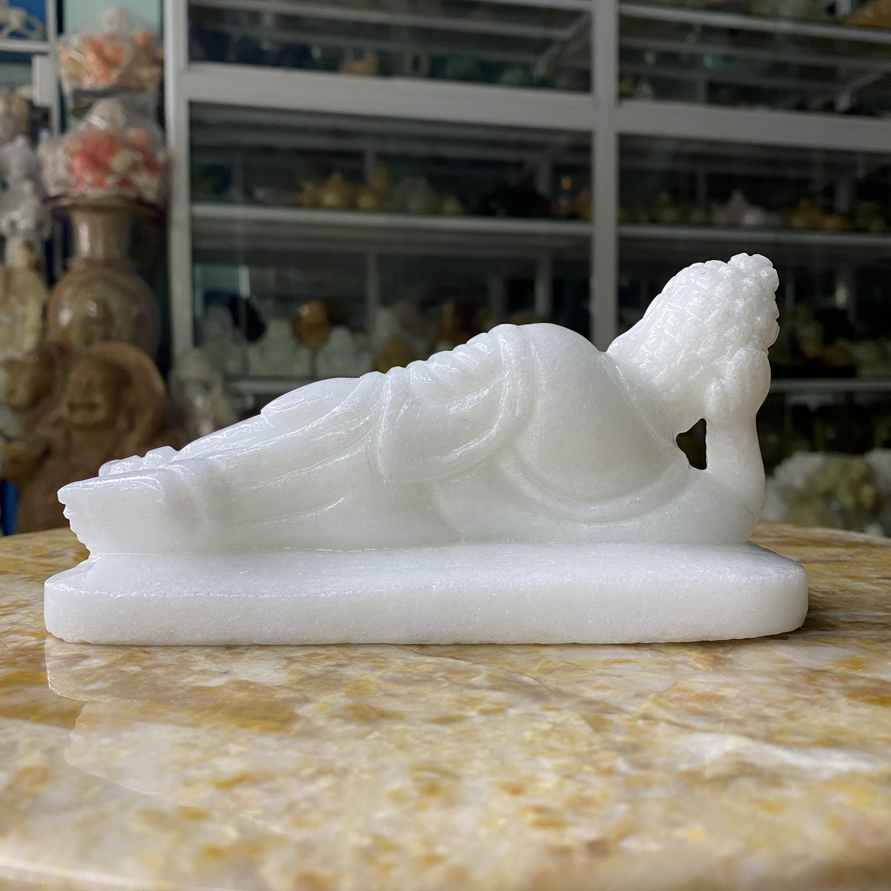 Tượng Phật Nhập Niết Bàn Đá Cẩm Thạch Trắng - ngang 15.5cm