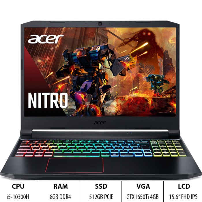 Laptop Acer Nitro 5 AN515-55-5304 NH.Q7NSV.002 (Core i5-10300H/ 8GB DDR4 2933MHz/ 512GB SSD M.2 NVMe/ GTX 1650Ti 4GB GDDR6/ 15.6 FHD. IPS/ Win10) - Hàng Chính Hãng