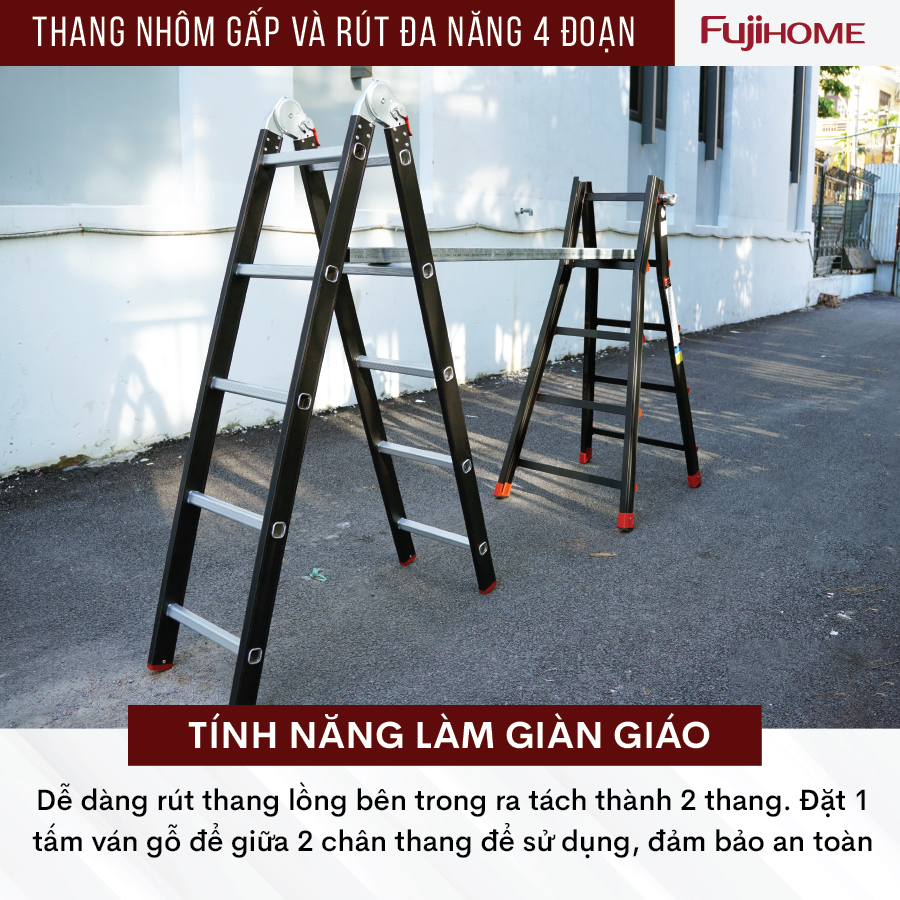 Thang nhôm FUJIHOME ML45 4 đoạn cao tối đa 5m, Hợp kim nhôm cao cấp, Xếp nhiều hình dáng