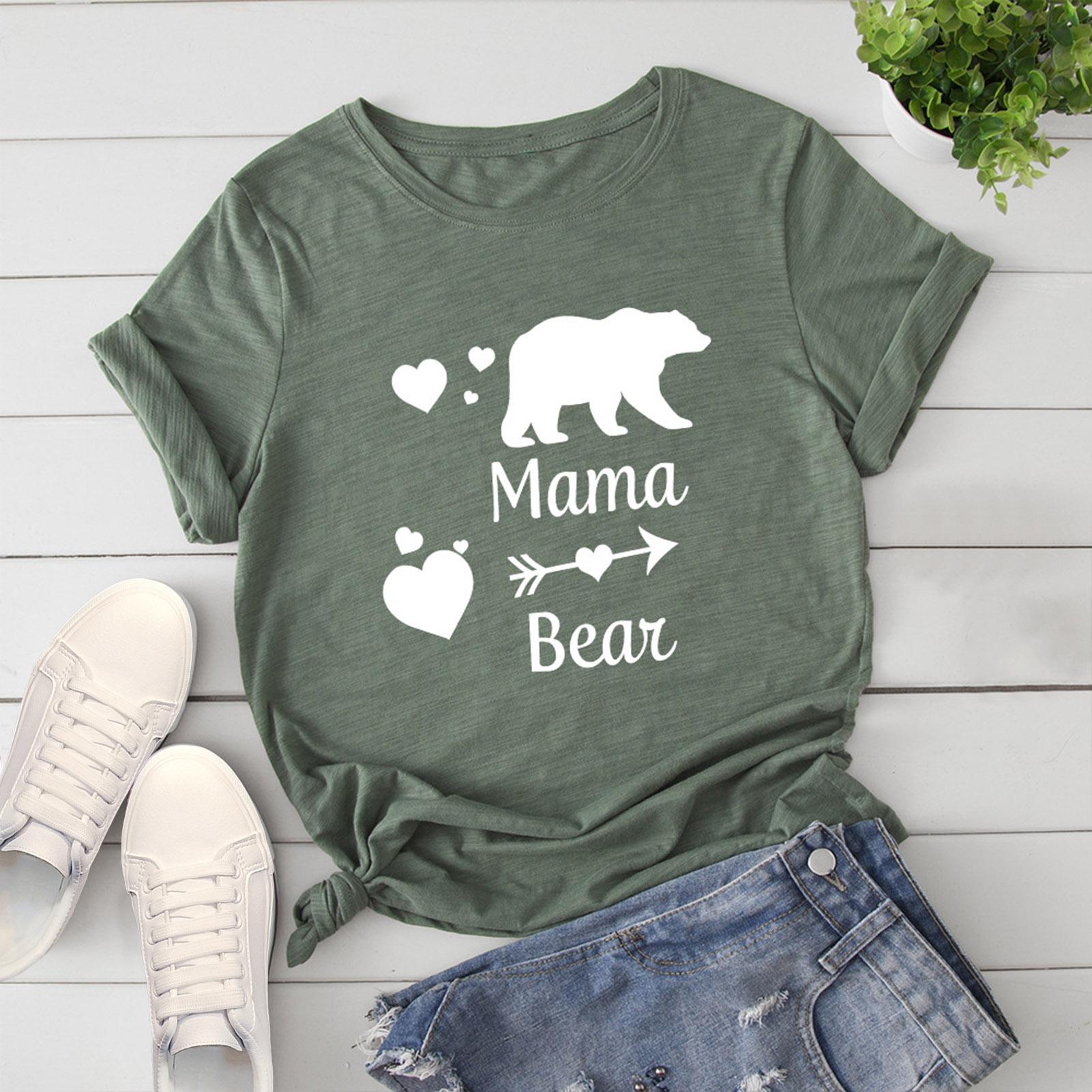 Women Cotton T-Shirt Heart Polar Bear Letter Print O-neck Roll Up Sleeve Shirt Loose Casual Tops for Birthday Mother’s