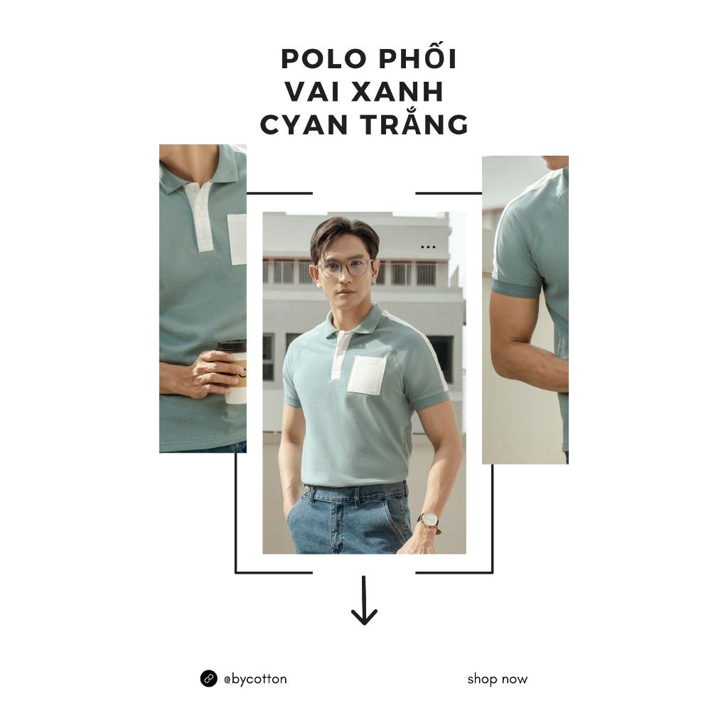 Áo Thun Polo Nam Cổ Bẻ BY COTTON PHỐI VAI XANH CYAN TRẮNG P230304