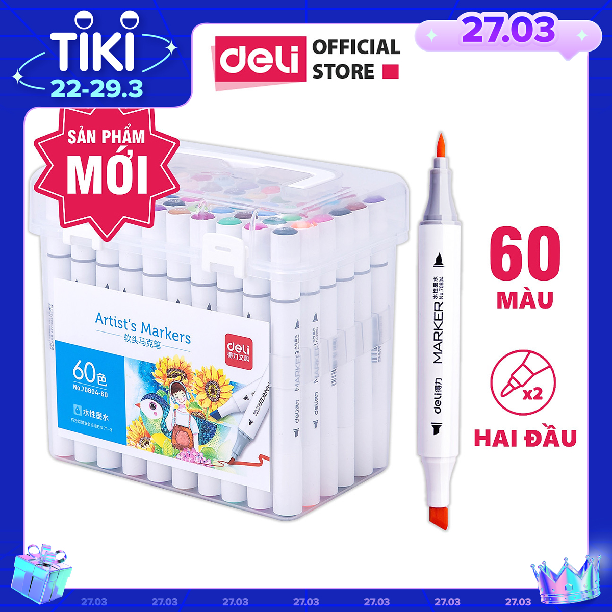 Bút màu marker kèm giấy thử màu thân tròn một đầu Deli - Marker hộp nhựa - 12/ 24/ 36/ 48/ 60 Màu -  70804