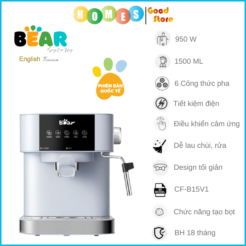 Máy Pha Cà Phê Tự Động Espresso BEAR CF-B15V1 Với Công Thức Pha Nespresso, Americano, Cappuccino Tạo Bọt Sữa Dễ Dàng Áp Suất 15 Bar Công Suất 950 W - Hàng Chính Hãng