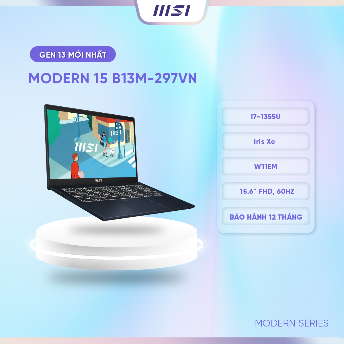 MSI Laptop Modern 15 B13M-297VN|Intel i7-1355U|Iris Xe |Ram 16GB|512GB SSD|15.6" FHD, 60Hz, 45%