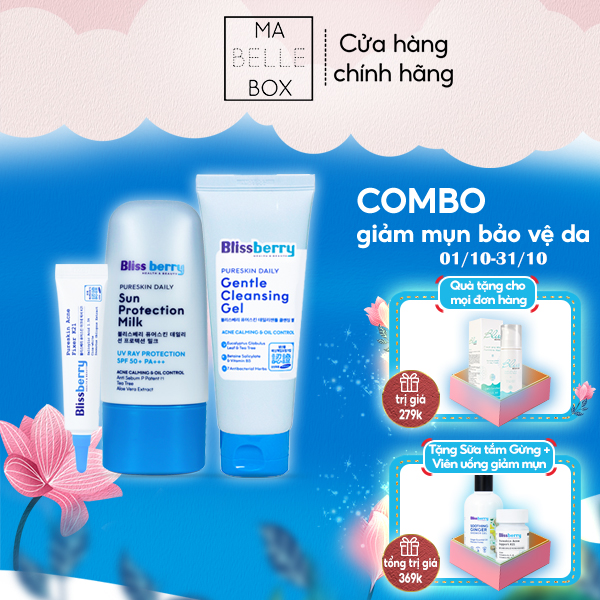 [Quà tặng sữa tắm và 20 viên uống hỗ trợ giảm mụn] Combo Blissberry Gel giảm mụn mờ thâm 15ml, Sữa rửa mặt BHA 100ml và Kem chống nắng kiềm dầu 60ml