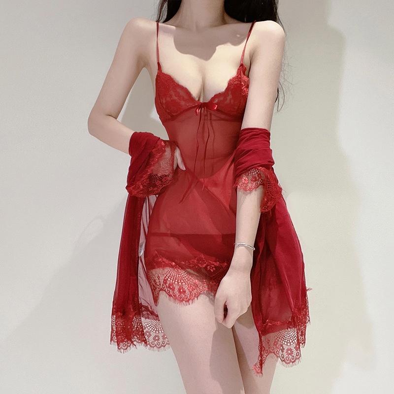 Đầm ngủ 2 dây xuyên thấu kèm áo choàng gợi cảm cao cấp váy ngủ sexy nơ phối ren ngực quyến rũ BIKI HOUSE N115