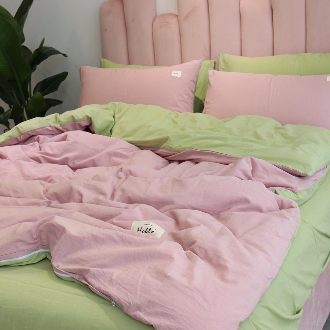 Bộ Chăn Ga Gối Cotton Tici LIDACO - Hồng Nhạt Ga Xanh - Tặng Vỏ Gối Ôm