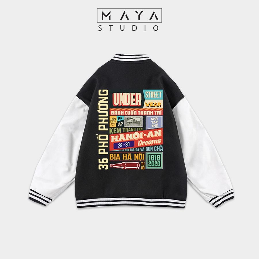 Áo Khoác Bomber MAYA HÀ NỘI VÀ SÀI GÒN form rộng Unisex nam nữ kiểu Varsity Jacket vải nỉ bông cực chất