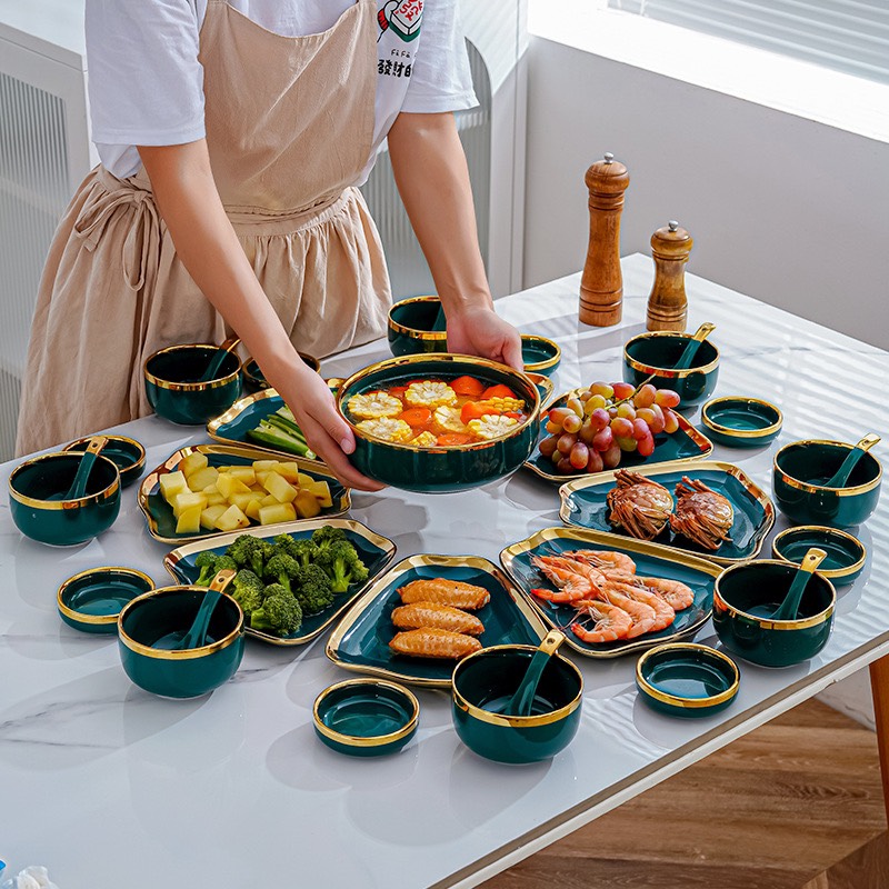 Bộ bát đĩa gốm sứ cao cấp bộ bát đĩa hoa mặt trời viền vàng kim sang chảnh