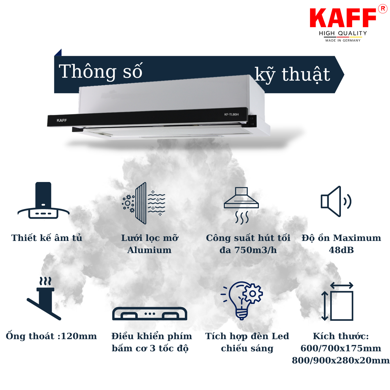 Máy hút mùi âm tủ inox phối kính 700mm KAFF KF_TL70H Tặng bộ lọc than thay thế _ Hàng Chính Hãng