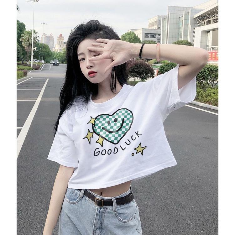 Áo croptop nữ tay ngắn cổ tròn vải thun cotton kiểu hàn quốc CR073 Miucho in hình hoạ tiết