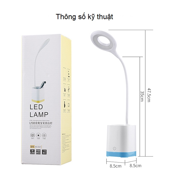 Đèn 20 LED cảm ứng độ sáng cao kiêm hộp bút để bàn, cổng sạc USB WS-8002(Tặng 2 nút cao su giữ dây điện-màu ngẫu nhiên)